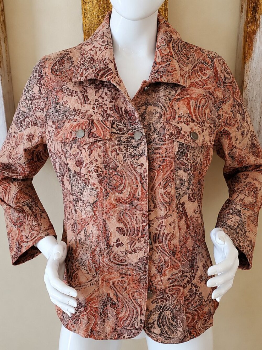 Analogy Tan/Coral Paisley Print Floral Button Front Jacket SZ L